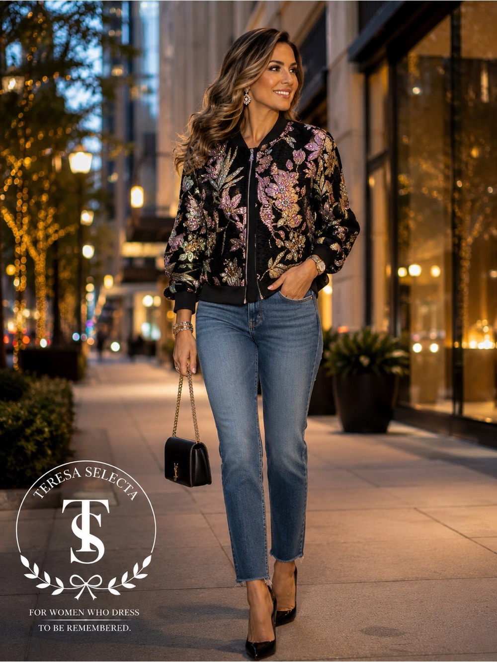 NEW! ✨Floral Embellished Bomber Jacket Black One Size Statement Beaded